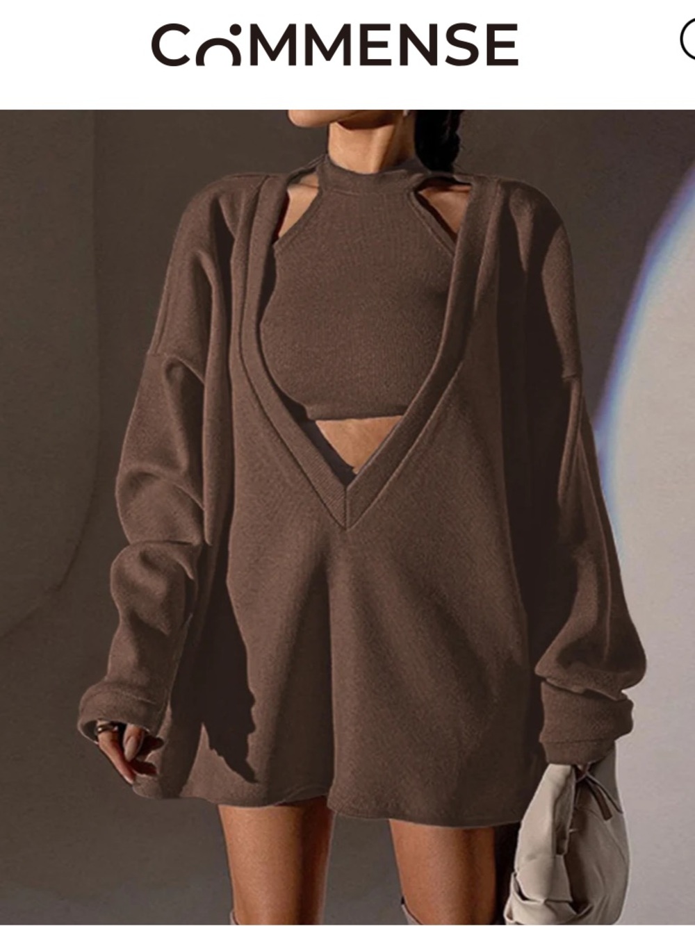 Commense Solid Ribbed Knit Sweatshirt with Vest Brown